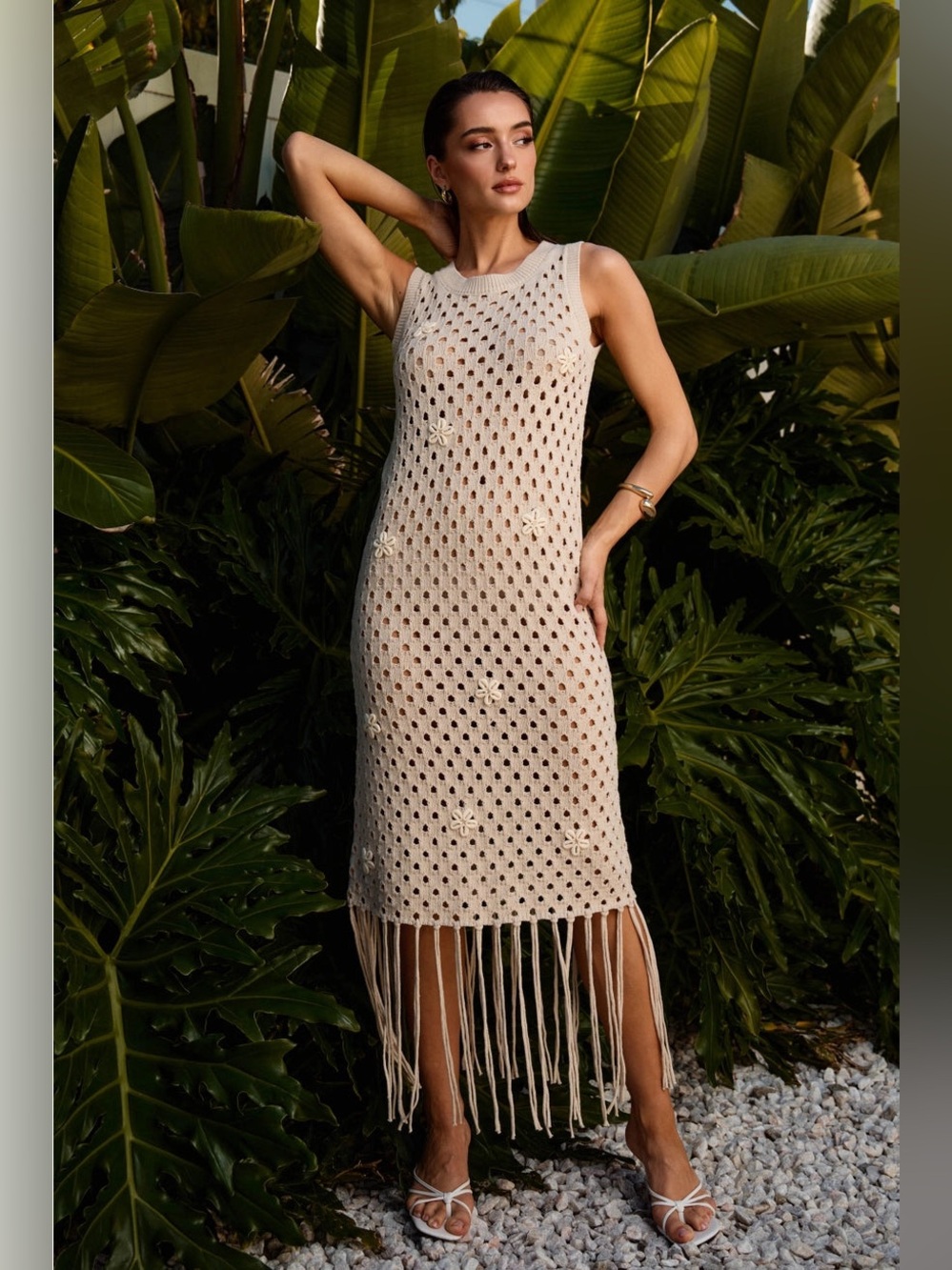 Cowrie Shell Fringe Open Knit Dress - Able - Picture 2 of 8
